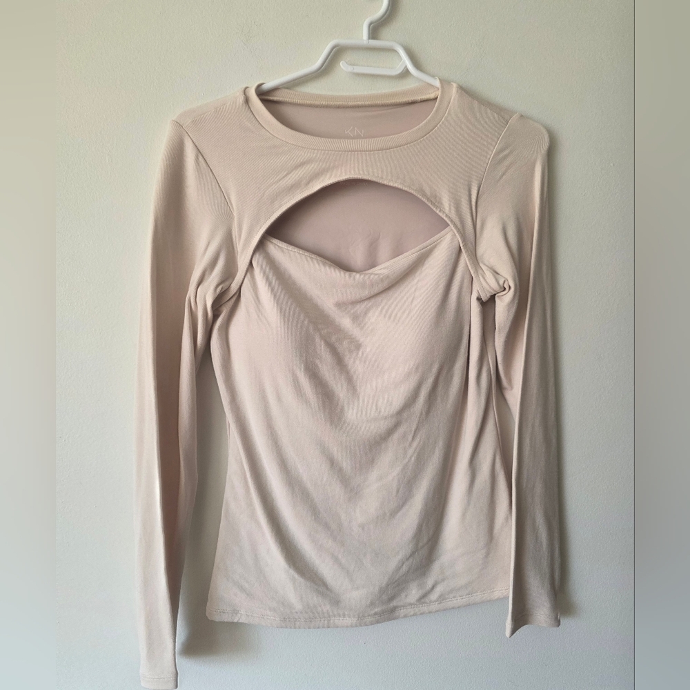 Women’s Long Sleeve Cutout Top in Light Beige